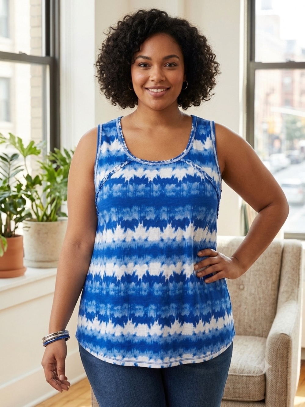 Cato Boho Blue White Tie Dye Sleeveless Tank Top Braided Neck 26/28W Plus Size